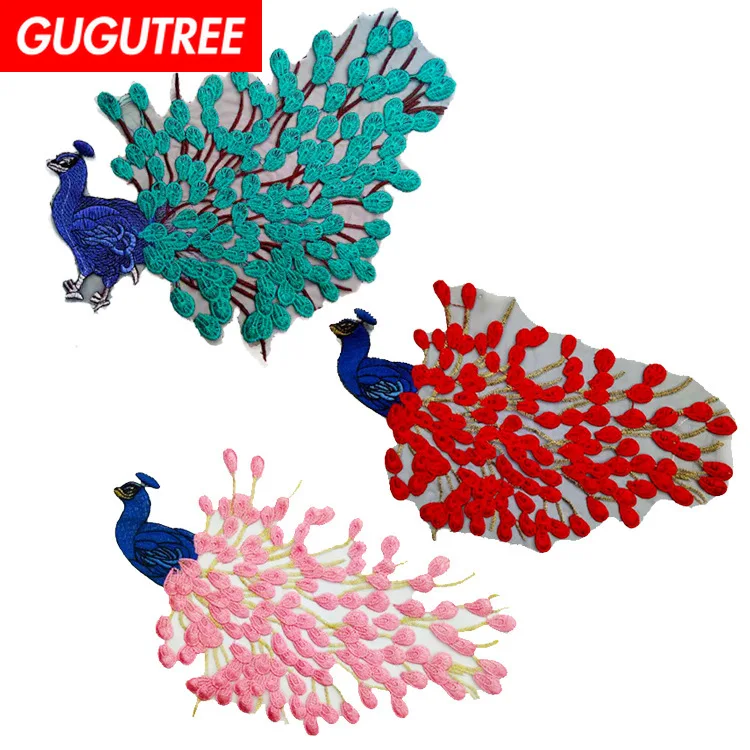 

GUGUTREE embroidery big peacock patches flower patches badges applique patches for clothing ZM-96