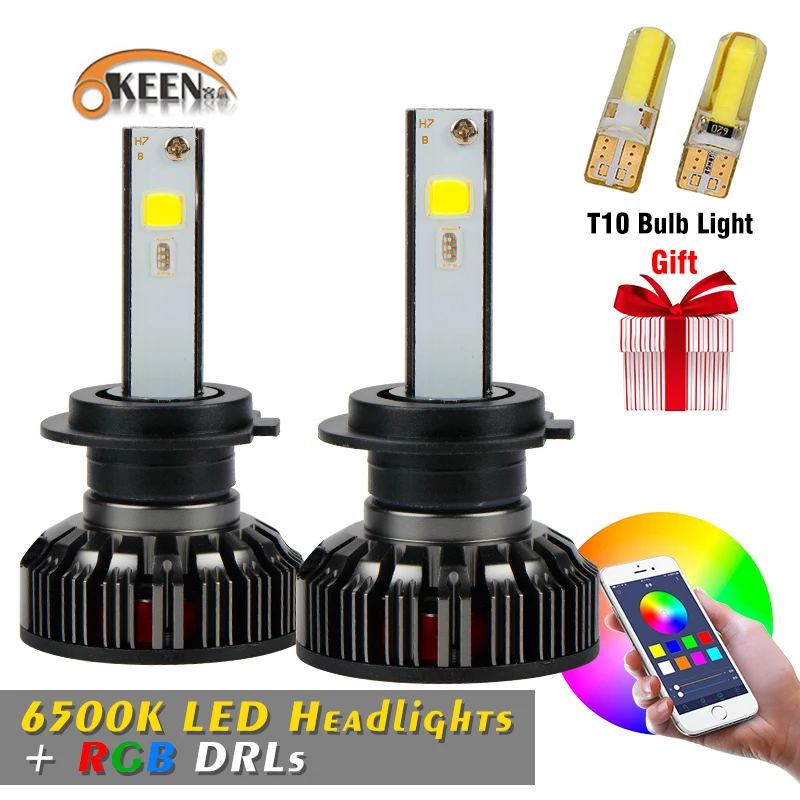 

OKEEN 2020 New H4 H7 RGB LED Headlight Bulbs Headlamps Car APP Bluetooth Voice Music Control 6500K Colorful Headlights 12V 24V