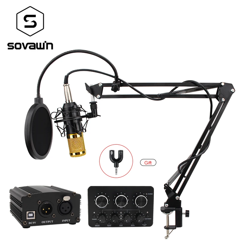 Comprar BM 800 micrófono condensador profesional bm800 grabación de Audio Vocal para ordenador karaoke Phantom power pop filter tarjeta de sonido