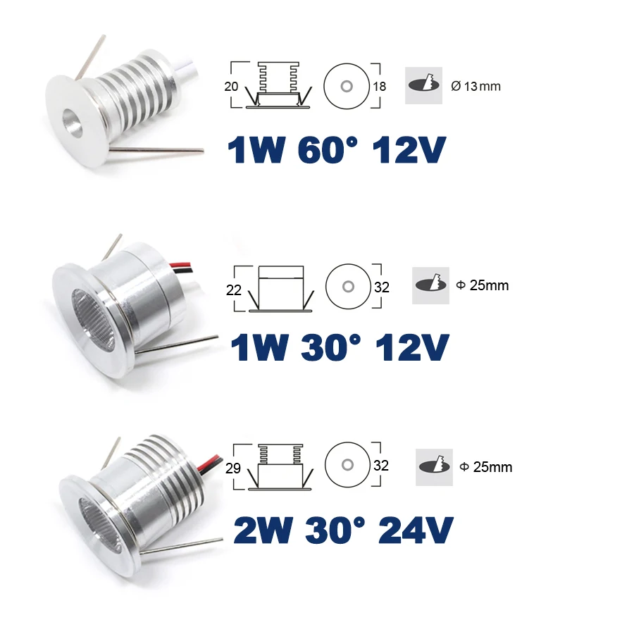 

1W 2W 12V 24V 13mm 25mm Mini Led Bulb Downlight Lamp 80Ra 100Lm/W 30 60 Degree Spot Cabinet and Stair Lamp CE RoHS