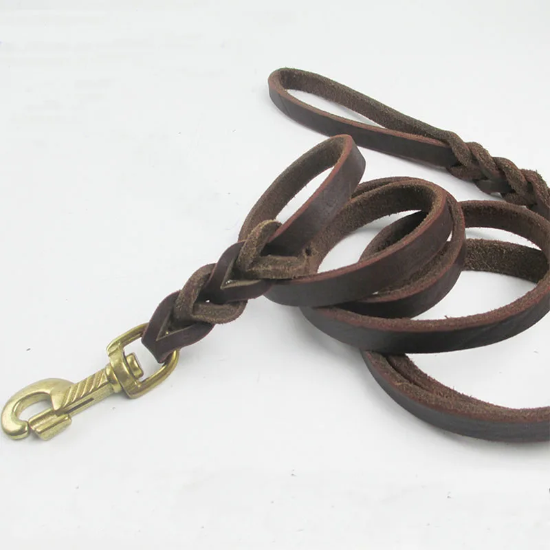 Heavy Duty Handmade Leather Dog Leash Lead Dark Brown Black With Gold