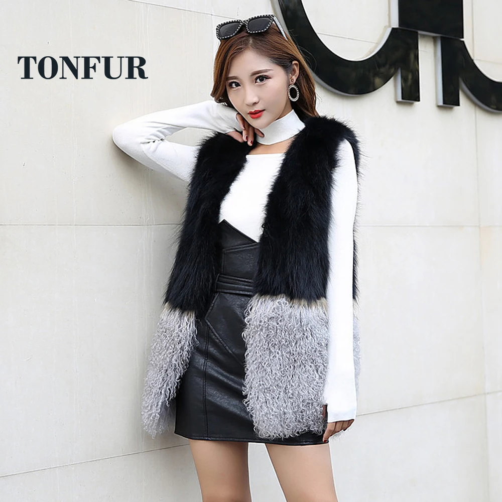

2019 New Real Raccoon Fur patchwork with natural Mongolia Sheep Fur Vest Women Gilet waistcoat sr226