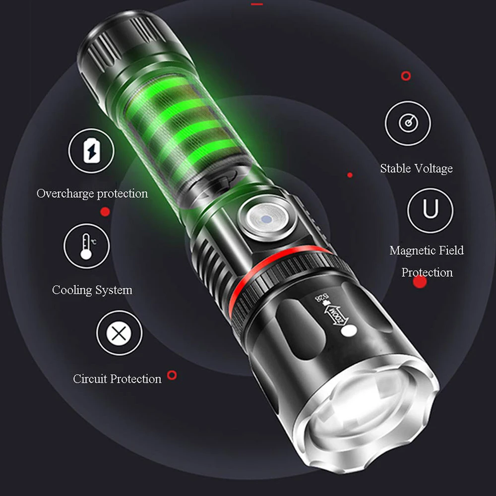 Микро USB флэш-светильник 1000 люмен 360 ° ручной фонарь COB T6 тактический масштабируемый походный фонарь рабочий светильник с магнитной основой