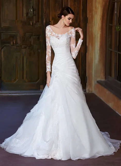 elegante color beige manga larga vestidos de novia de organza