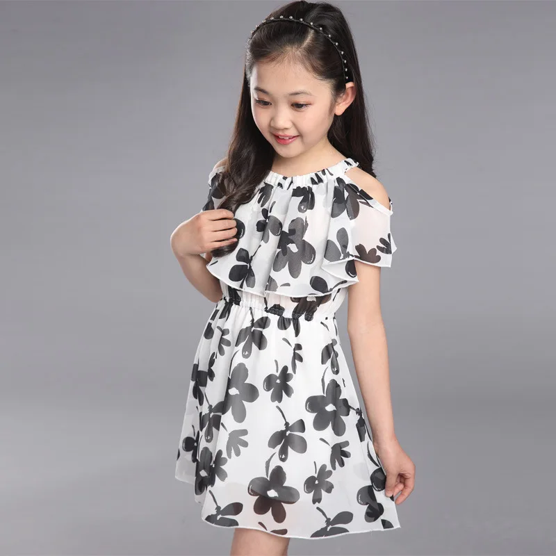 Лето, Платья с цветочным рисунком для маленьких девочек шифоновые вечерние платья принцессы для подростков, модная одежда для детей 3, 4, 6, 8, 10, 12, 14 лет - Цвет: White