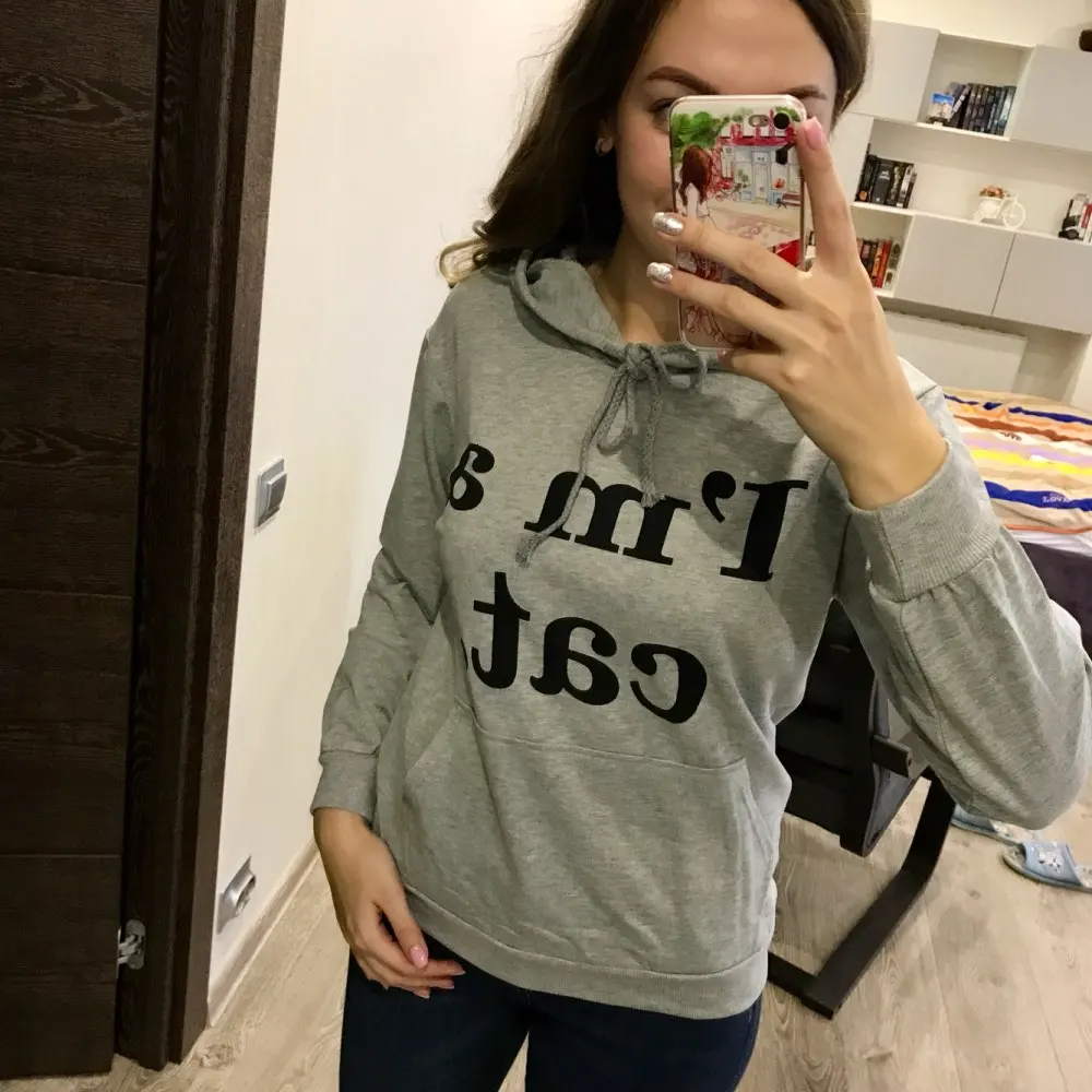 Женская толстовка с кошачьим принтом со слоганом и кошачьими ушками милая