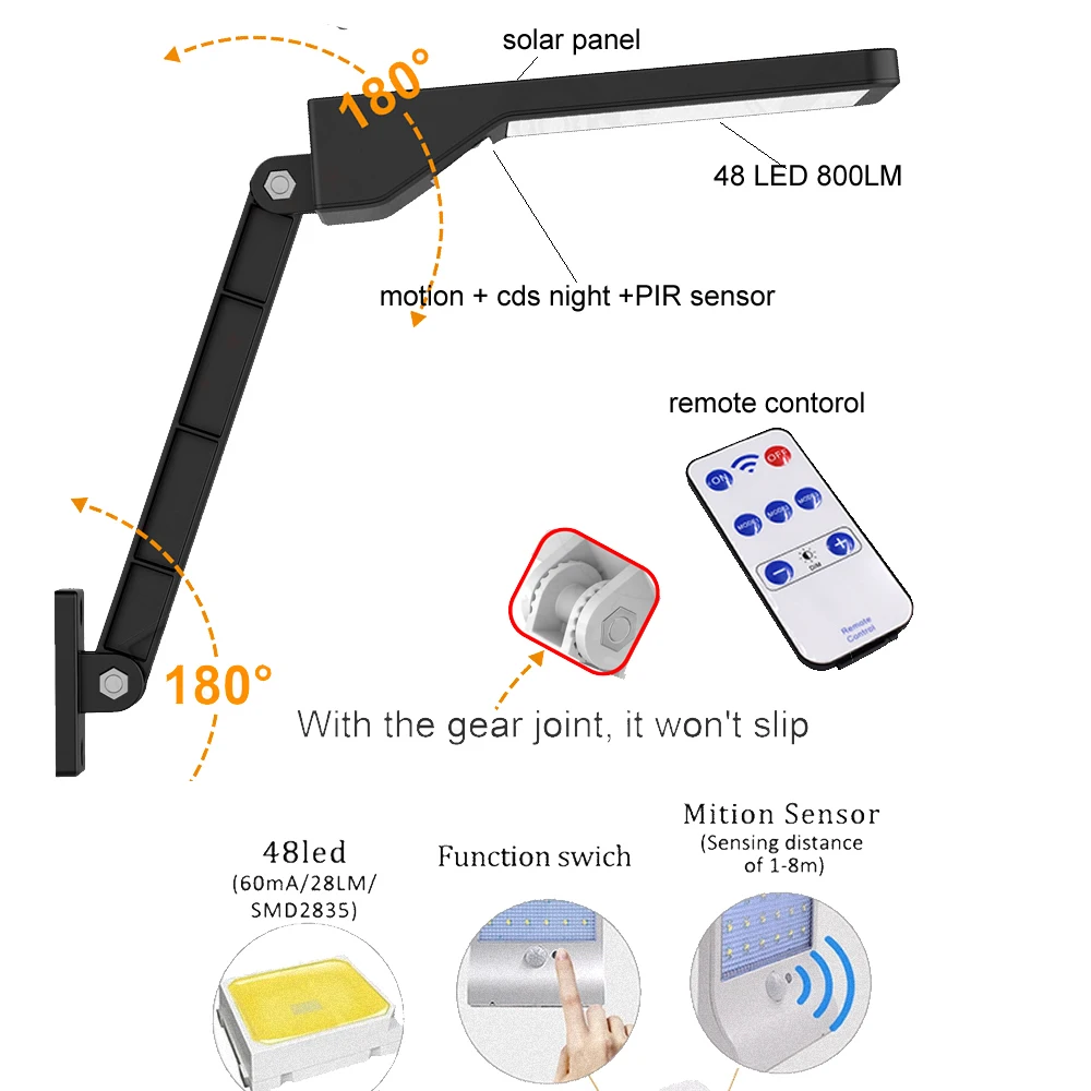 Солнечный свет открытый 48 Светодиодный настенный датчик движения свет с беспроводный контроллер дистанционного управления Водонепроницаемая лампа безопасности для улицы w