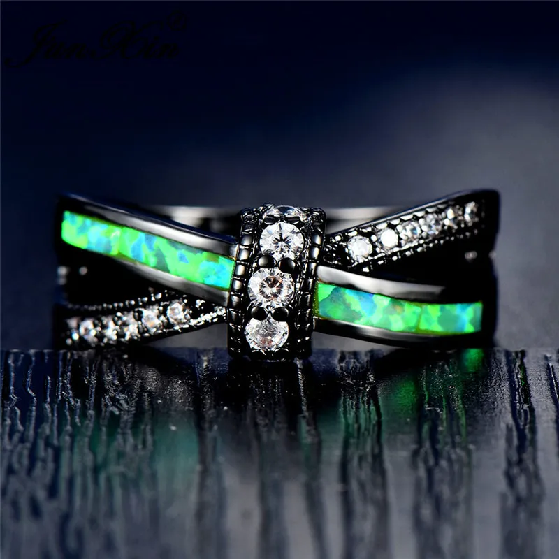 JUNXIN Wholesale Rainbow Fire Opal Rings For Women Men Black Gold Filled Green Blue White Opals Red Purple Zircon Crossed Ring
