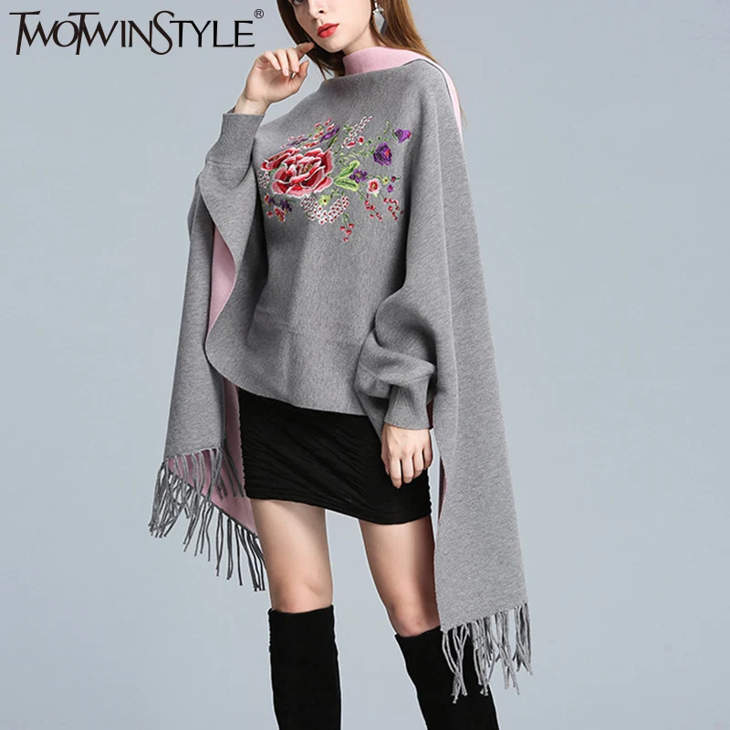 

TWOTWINSTYLE Knitted tassel Tassel Cloak Sweater women autumn winter multiple Colour Cardigan Lantern Sleeve famale jumpers tops