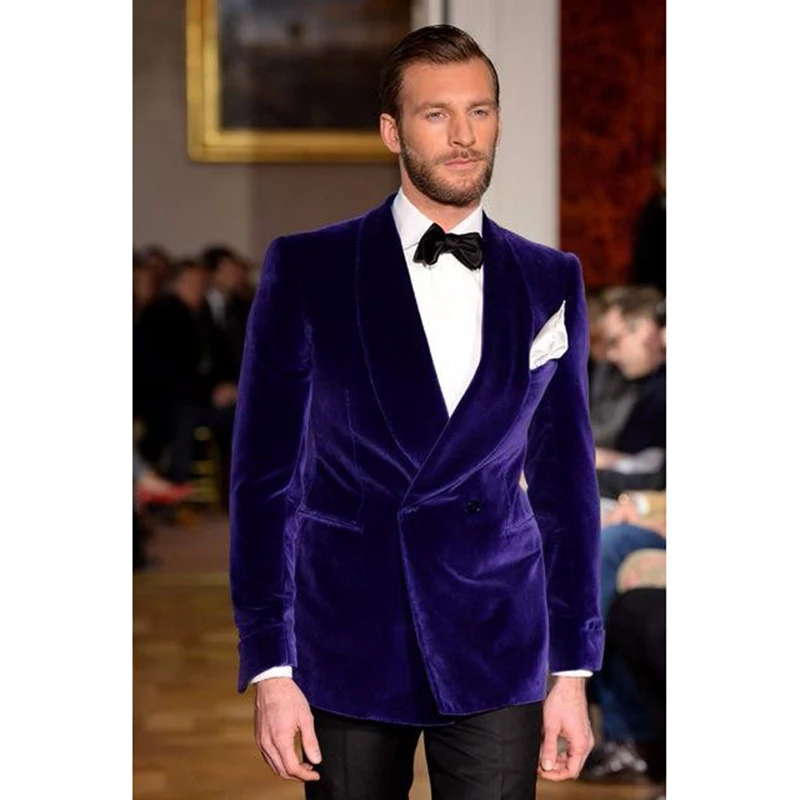 Фиолетовые бархатные мужские костюмы,, сшитые на заказ, двубортные смокинги, 2 предмета, Официальный Блейзер, вечерние костюмы на заказ, Vestidos(пальто+ брюки+ бант