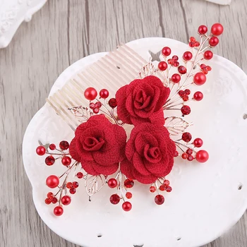 

Large Rhinestone Bridal Hair Comb Floral Chinese Red Wedding Hair Accessories Bride Beads Flower Headpiece Gold Crystal Jewelry