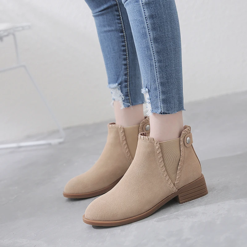 

AME Spring Autumn Boots Chelsea Boots Black Camel Color Ankle Boots 3.5CM Chunky Heels Slip On Ladies Boots J529