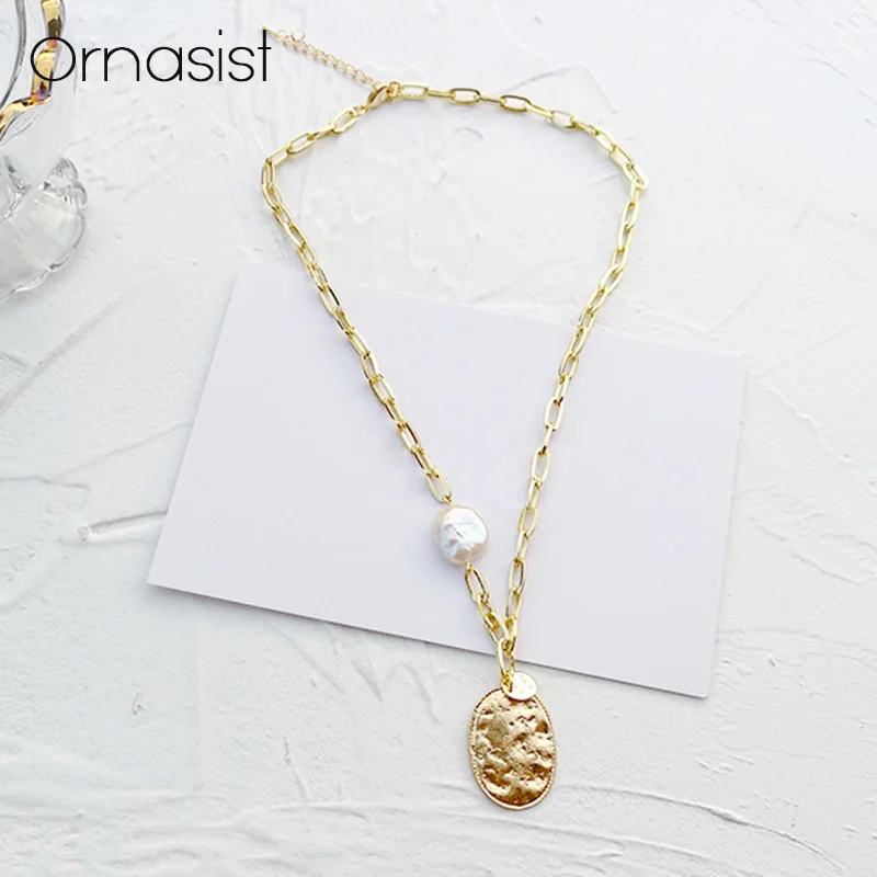 

Fashion Choker Natural Freshwater Pearl Necklaces Women Girls Punk Gold Chains Geometric Oval Pendant Necklace Statement Collar