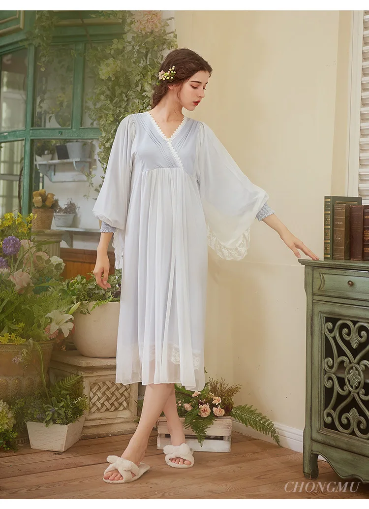 Женская ночная рубашка в викторианском стиле с длинным рукавом, винтажная белая однотонная кружевная ночная рубашка, сексуальная ночная рубашка с v-образным вырезом, белье, платье размера плюс