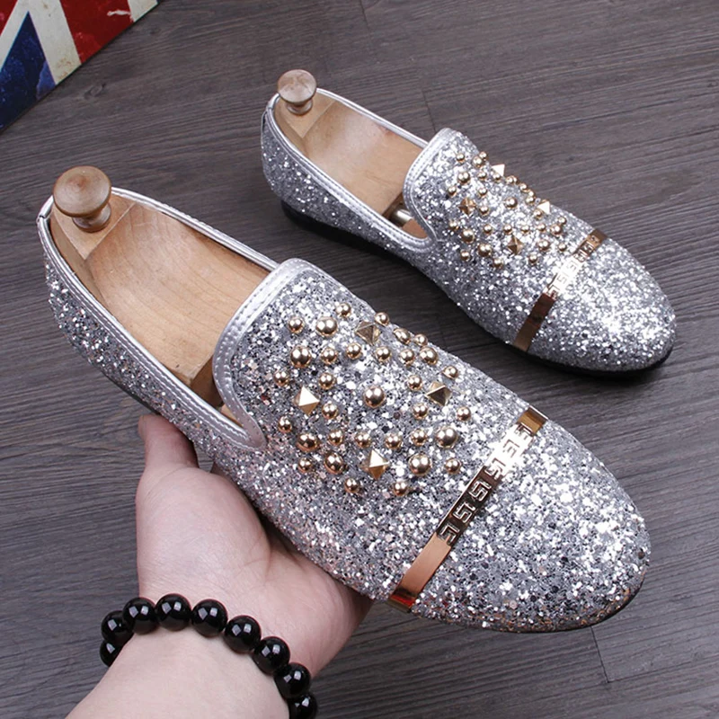 

GZ Fashion Men Sequins Casual Shoes designer Luxury Rivet shoes Men party dress Shoes Zapatillas Deportivas loafers black #55