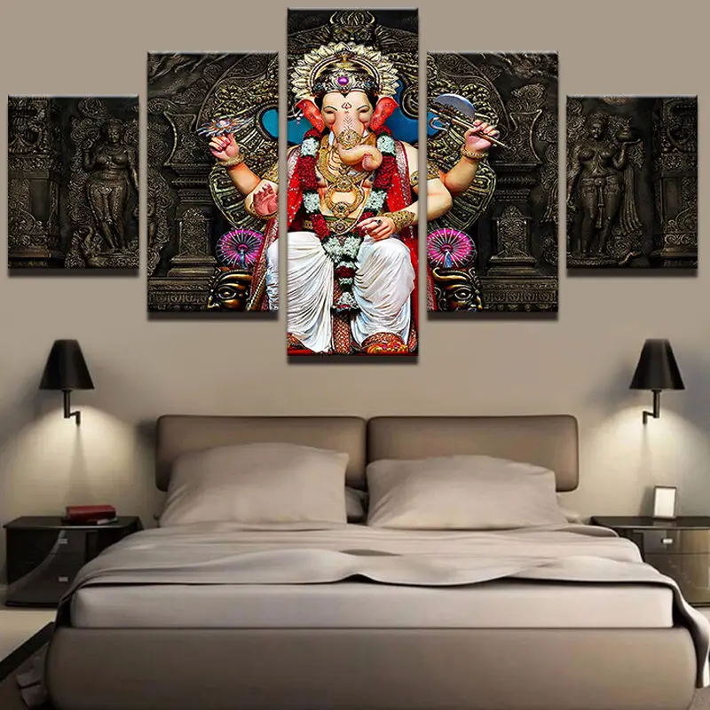 5 Piece Hindu Lord Ganesha Painting Framed Canvas Painting Wall Art For