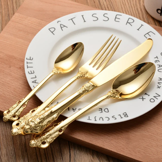 Vintage Western Gold Plated Dinnerware Dinner Fork Knife Set Golden Vintage Western Gold Plated Dinnerware Dinner Fork Knife Set Golden Cutlery Stainless Steel 4 Pieces