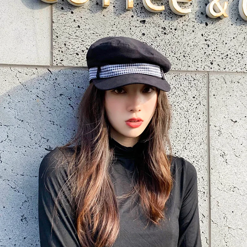 

Berets for women casual versatile flat top bow navy hats spring/summer vintage fashion British check hats for women