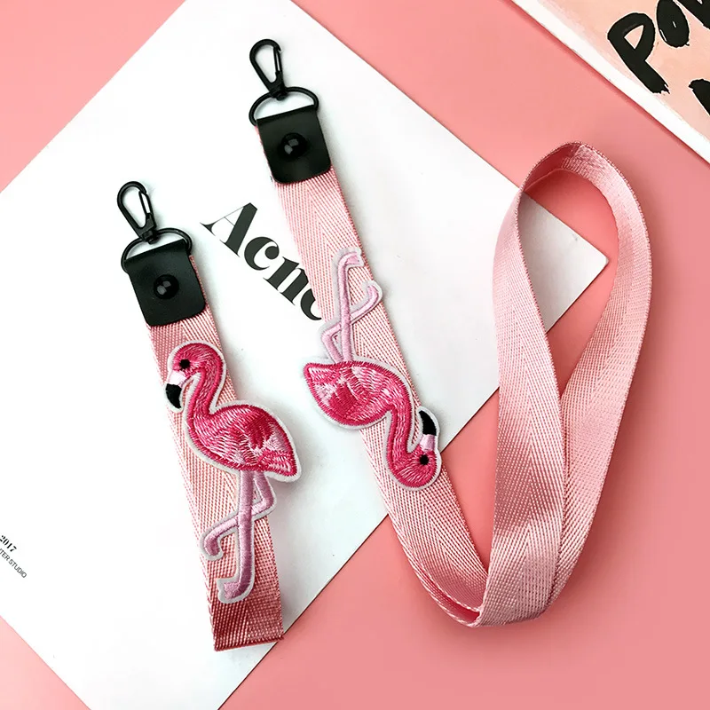 

Pink Ribbon Flamingo Lanyard Keychain Women Phone Case Wallet Key Chain Porte Clef For Bag Keyring Hanger Free Shipping