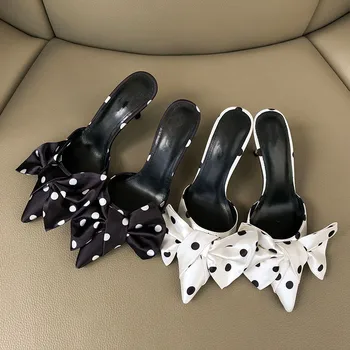 

2019 New Pointed Toe Thin Heels Slippers Chaussures Femme Butterfly-knot Decor Summer Shoes Woman Fashion Polka Dot High Heels