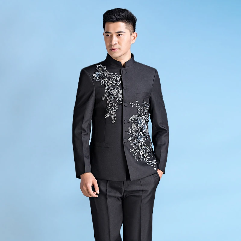 Китайский мужской костюм-туника со стоячим воротником, мужская одежда с цветочным принтом, тонкий китайский стиль, мужская свадебная одежда для жениха, мужской костюм черного и белого цвета