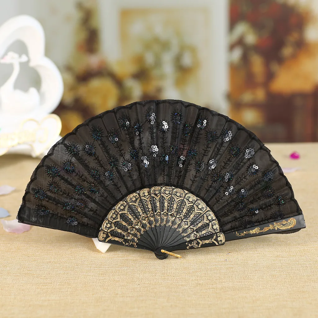 

Retro Chinese Fans Dance Folding Sequin Silk Decorative Fans Best Chinese Style Dance Wedding Party Silk Hand Traditional Fan