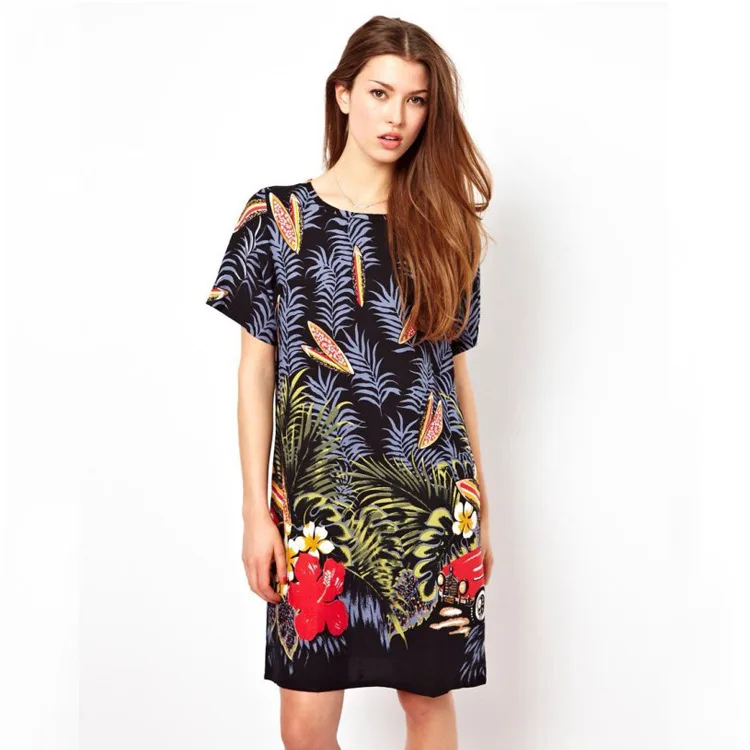 Summer Autumn New European American Vintage Flower Printed Cotton Round Neck Short Sleeve Straight Dress For Women Free Shipping | Женская
