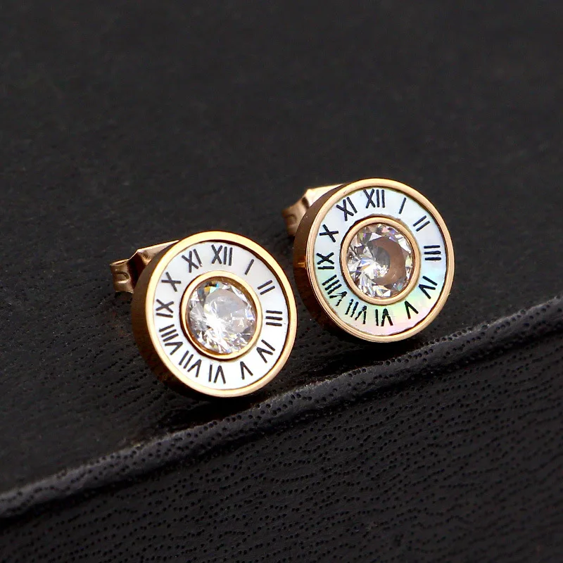

Fashion Stainless Steel Crystal Small Roman Numerals Round Stud Earrings Rose Gold Color Women Party Wedding Gift