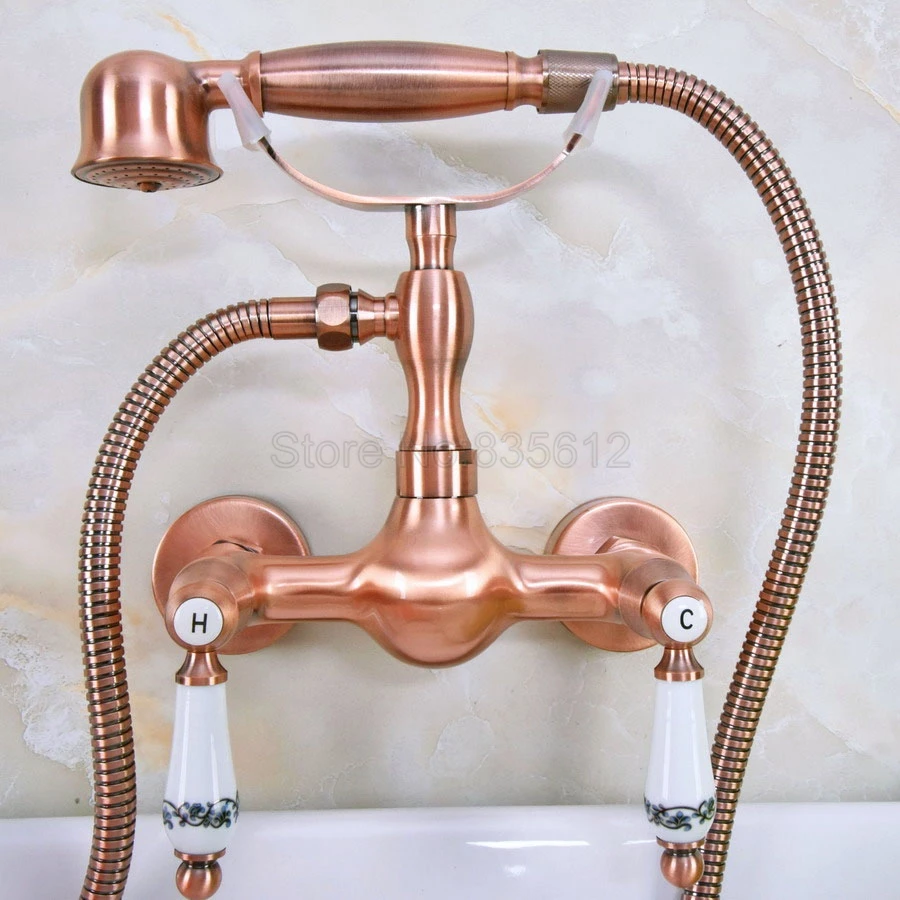 

Antique Red Copper faucets bathroom bathtub mixer tap faucet with telephone hand shower set Bath & Shower Faucets tna306