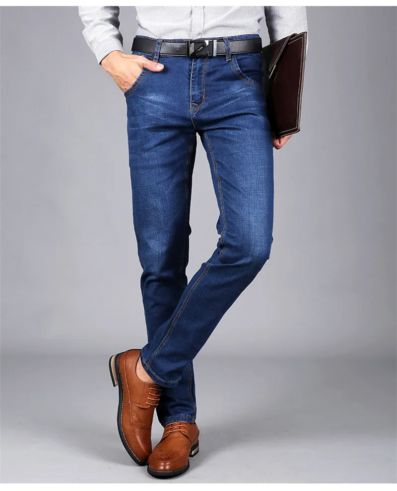 Новый Для мужчин Джинсы для женщин Бизнес Повседневное тонкие летние прямые Slim Fit синие джинсы стрейч джинсовые штаны Мотобрюки