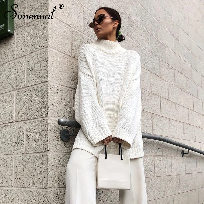 

Simenual Knitwear Women Pullover Sweater Solid White Oversized Autumn Jumpers 2019 Fashion Casual Femme Basic Slim Sweaters New