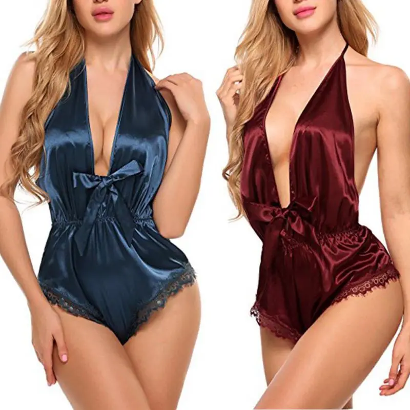 

2019 Summer Backless Deep-V Nightdress Women Dress Sexy Neck Straps Front Chest Bow Design Lace Pajamas Clothing