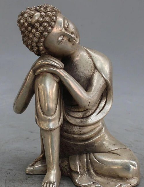 

7" Chinese Tibet Buddhism Silver Sleep Shakyamuni Sakyamuni Buddha Statue R0707