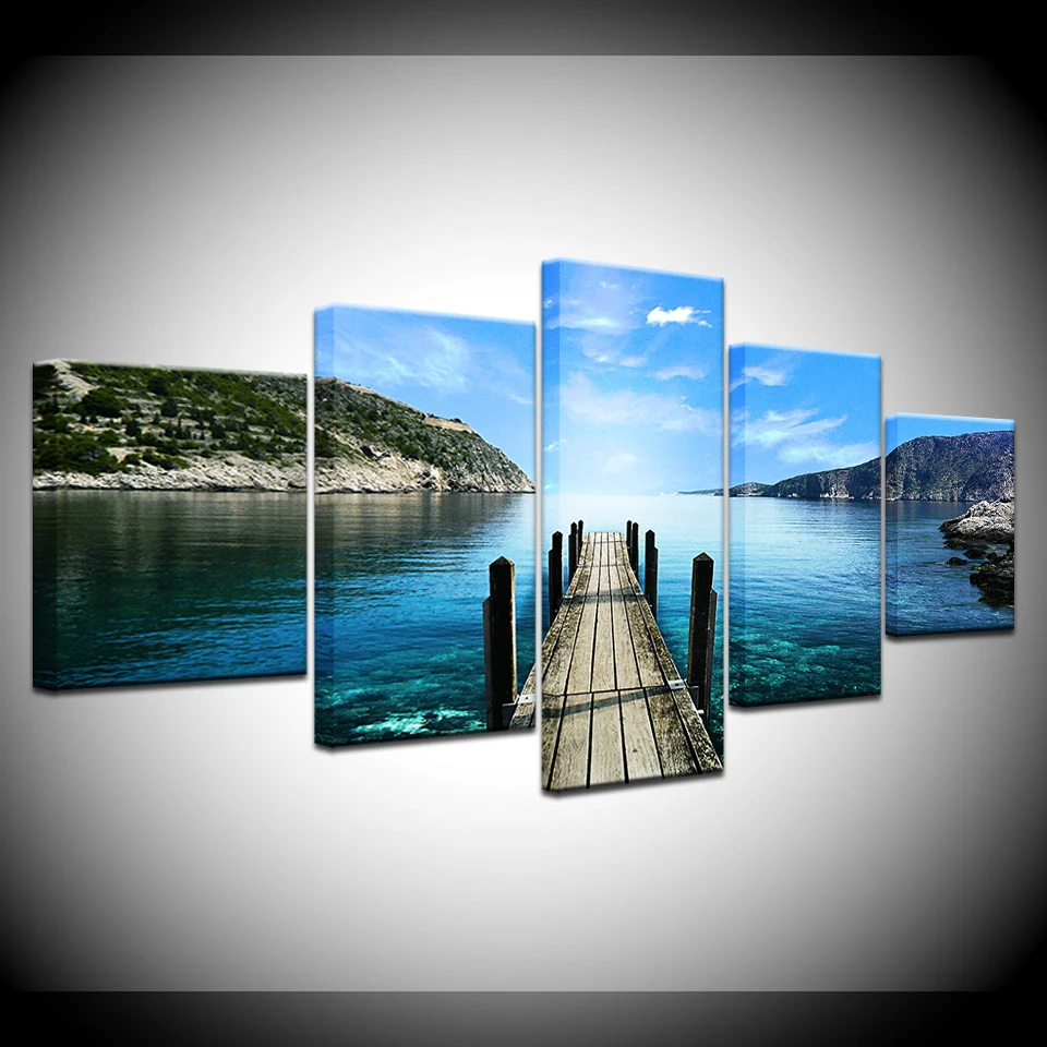 Canvas-Painting-the-Seascape-wood-bridge-lake-blue-sky-5-Pieces-Wall-Art-Painting-Modular-Wallpapers (3)