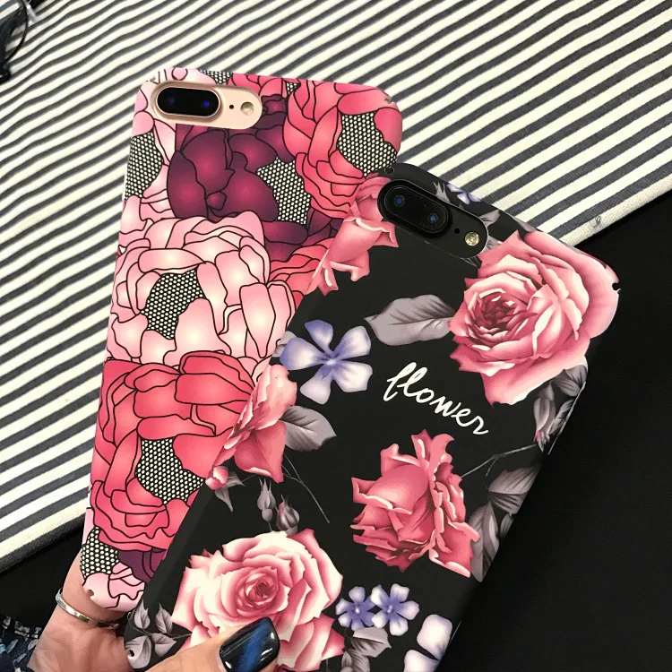 

Luxury Hard Flowers Black Rose Phone Cases For iPhone 7 Cover For iPhone 6 6S 7 8 Plus Mobile Phone Bags & Cases Capa fundas