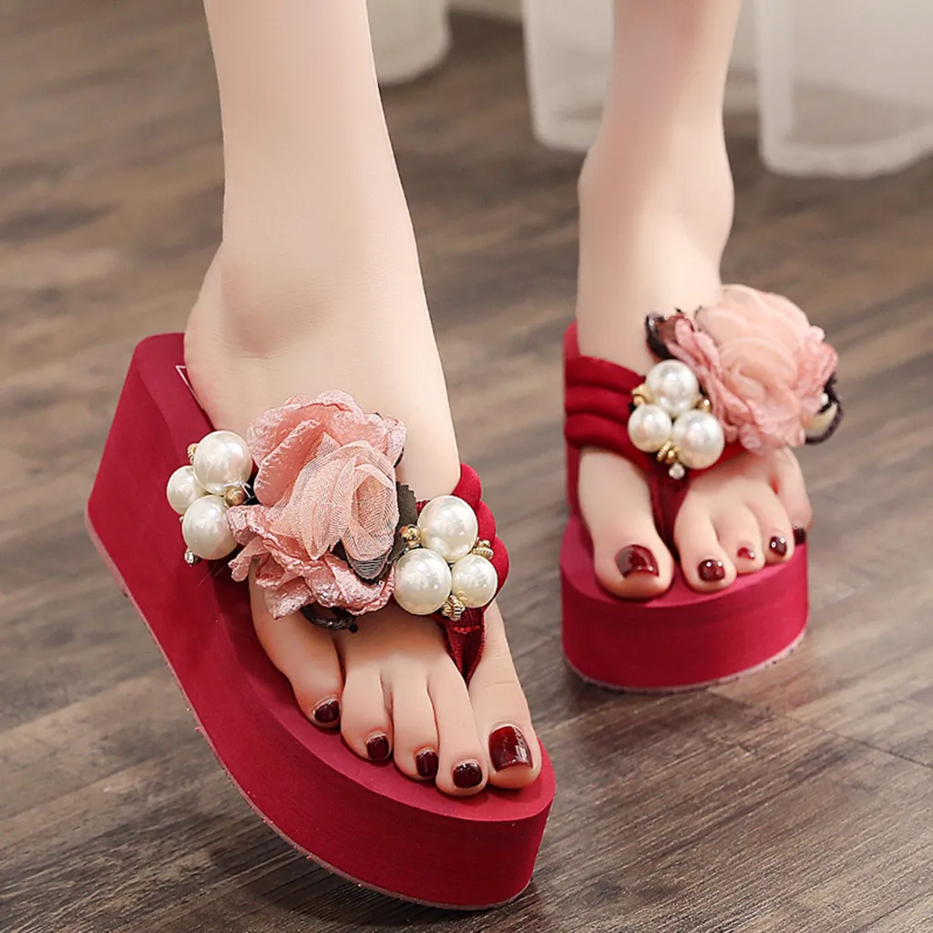 

Slippers Women solid pearl Floral Wedges Bohemian style Flip Flops Beach Shoes clip-on sandals outdoor slippers indoor slip on