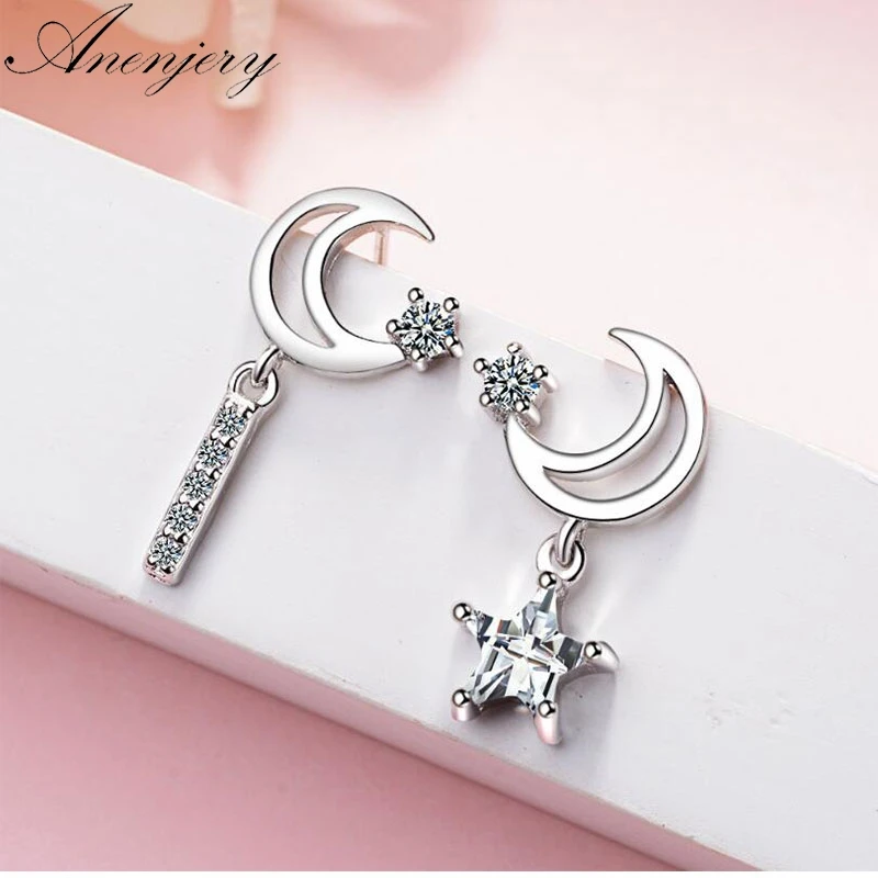 

Anenjery New Fashion 925 Sterling Silver Earrings Personality Simple Zircon Star Moon Asymmetric Tassel Earrings S-E519