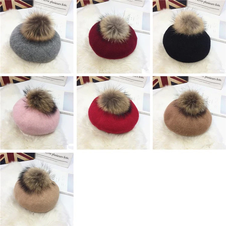 2018 Hat Female Autumn And Winter New Woolen Beret Raccoon Hair Ball Painter Hat Wild Fashion Cap For Women ACI102 (1)