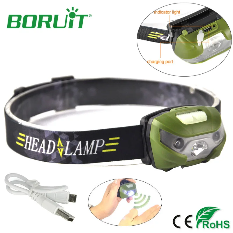 

BORUiT IR Sensor XPE LED Headlamp Flashlight 300lm 3 Modes Headlights USB Rechargeable Portable Camping Hunting Head Torch Light
