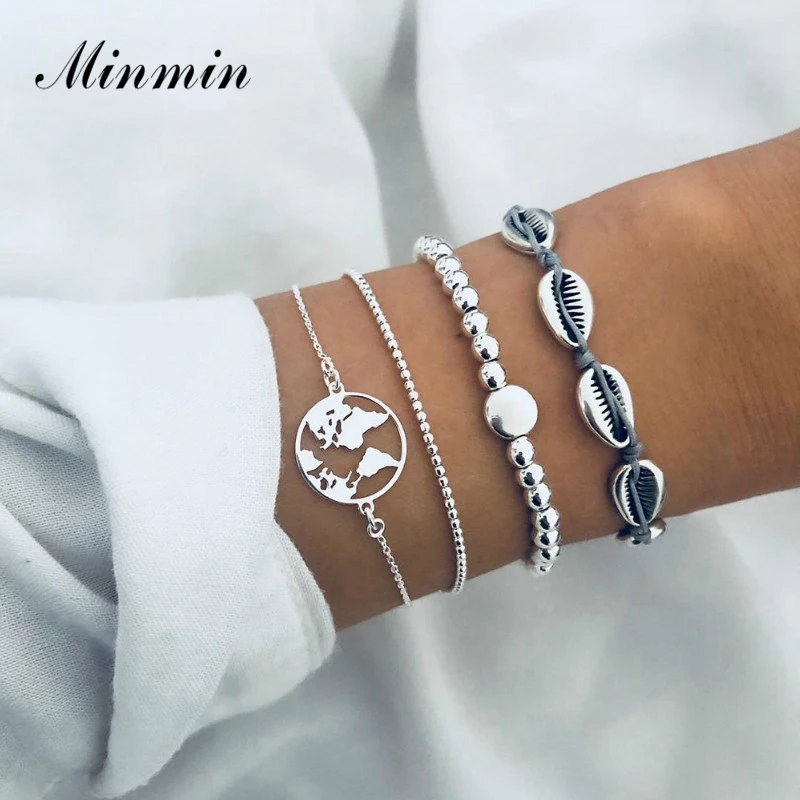 

Minmin 4 Pcs/Set Silver Color Shell World Map Minialist Beaded Metal Bracelet for Women Simple Charm Chains Bracelets Set MSL399