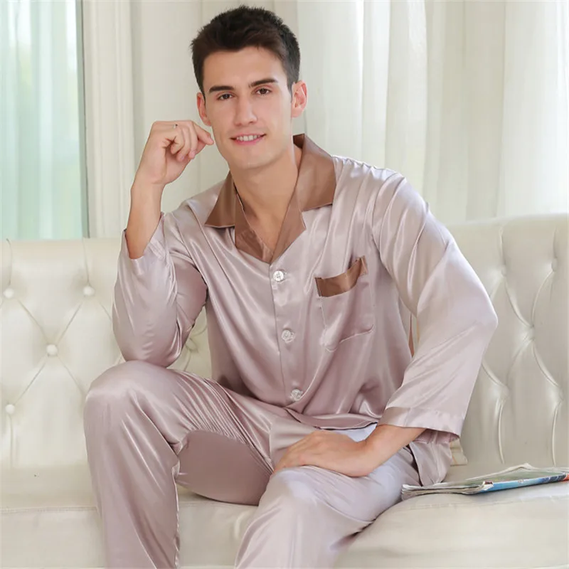 Sexy Faux Silk Men Pajamas Fashion Simple Ice Silk Sleepwear Male Pure Color Long-Sleeve Pyjama Pants Sets Two-Pieces 5326 100% real silk pajamas for men pijama hombre 2pcs pure silk pyjama homme long sleeve button down home clothes sleepwear pj sets