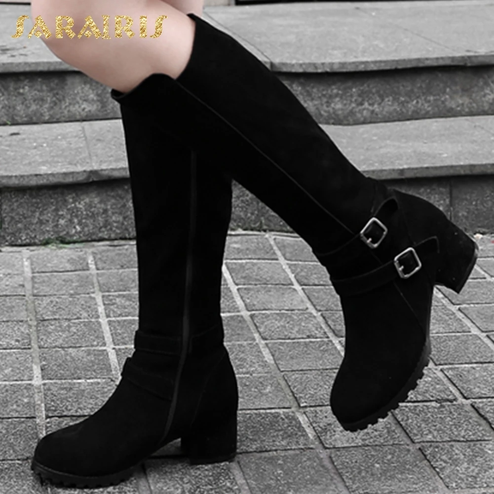 

SARAIRIS Cow Suede New Zip Up Shoes Woman Boots Hot Sale Square Heels Add Fur Mid Calf Boots Woman Shoes Winter Size 34-40