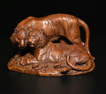 

christmas 5" Chinese Folk Feng Shui Boxwood Wood Carved 2 Evil Year Zodiac Tiger Statue halloween