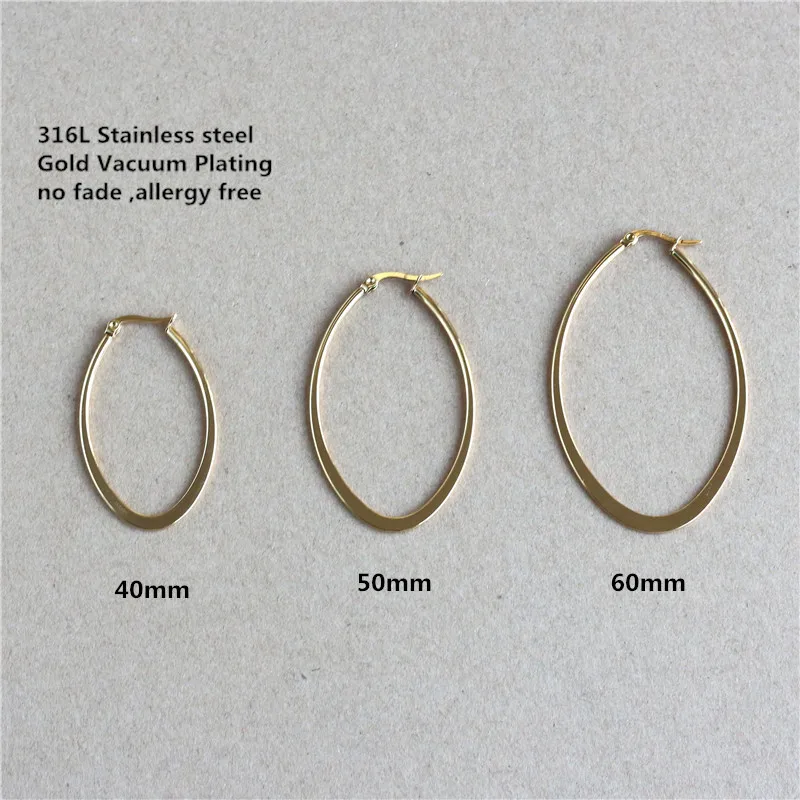 

40mm Hyperbole Oval Titanium 316L Stainless Steel Hoop Earrings Gold-color Plated Vacuum Plating No Fade Anti-allergy