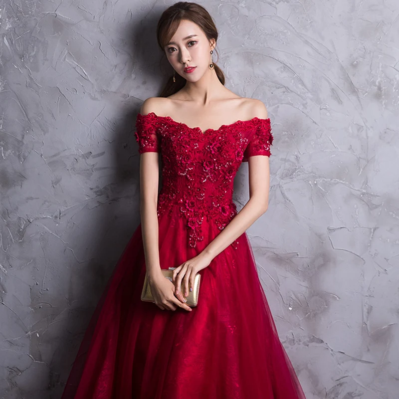 Вечернее платье женский Haute Couture цвет красного вина трапециевидные вечерние платья с открытыми плечами аппликационный цветок из бисера праздничные платья