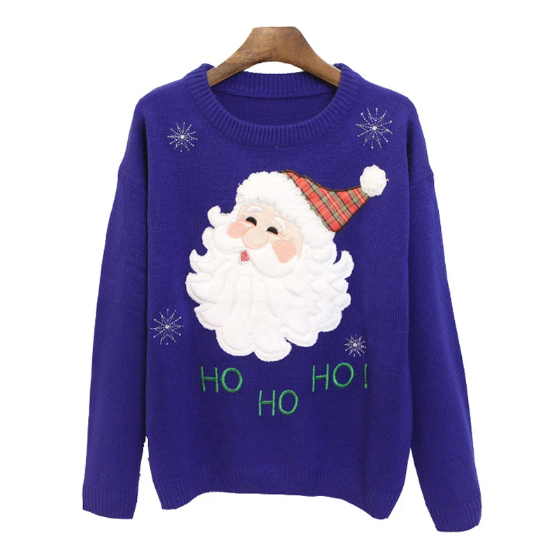 Для Женщин Рождественский свитер пуловер с круглым вырезом с вышитыми цветами мультфильм Санта Клаус свитер со снежинками Для женщин с
