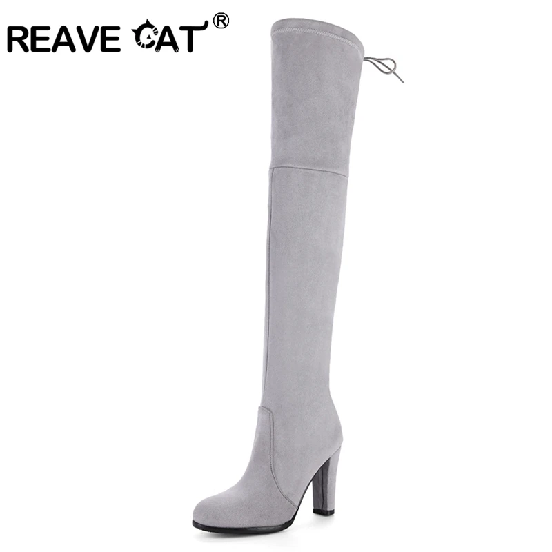 Женские ботфорты на высоком каблуке REAVE CAT осенне зимние сапоги из флока молнии