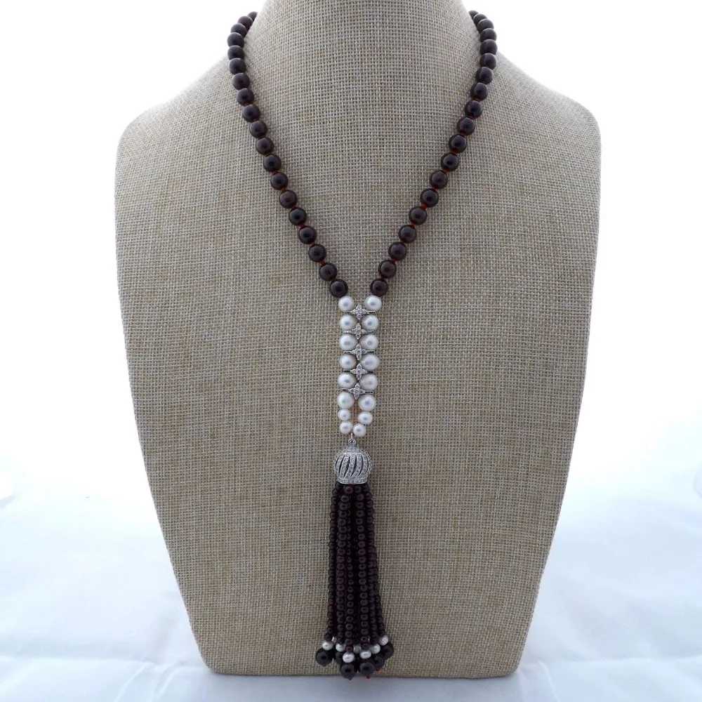 

K122702 20" White Pearl Garnet Necklace CZ Pendant