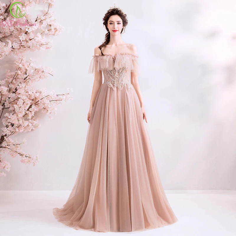SSYFashion Nieuwe Lange Avondjurk Zoete Naakt Roze Boothals Vloer-lengte Kant Applicaties Kralen Formele Gowns Robe De soiree SSYFashion Nieuwe Lange Avondjurk Zoete Naakt Roze Boothals Vloer-lengte Kant Applicaties Kralen Formele Gowns Robe De soiree