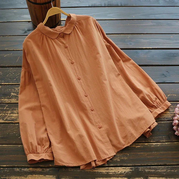 

5798 spring women Japan style Literary peter pan collar long sleeve tops mori girl Single-breasted loose cotton shirts